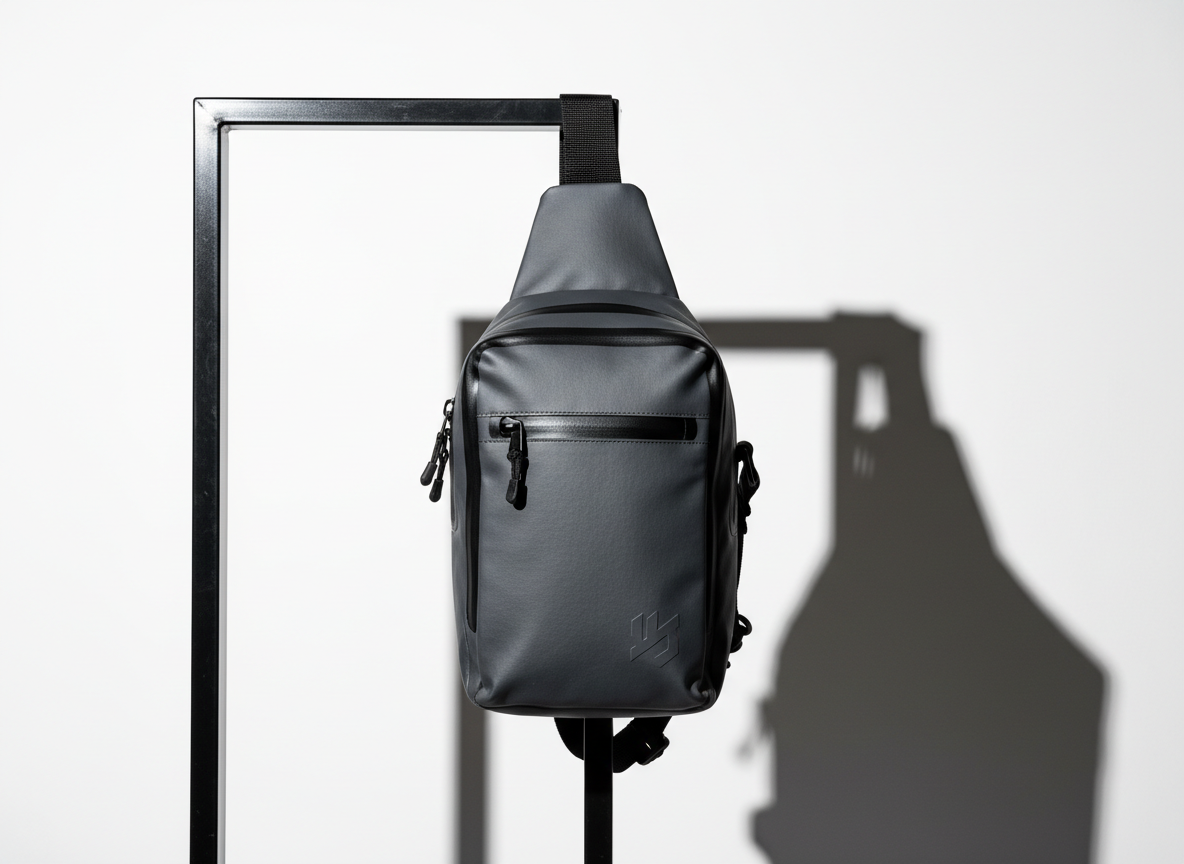 A minimalist display of an urban-inspired, charcoal-gray crossbody sling bag with waterproof zippers and embossed logo detailing. The bag is suspended from a stark metal frame, centrally placed before a clean white backdrop. Intense directional lighting from the left sharpens the contours and highlights the modern textures of the technical fabric, projecting crisp, defined shadows on the backdrop. This symmetrical, eye-level composition exudes confidence and clarity, with a distinct boldness and energetic streetwear edge captured in a hyper-realistic, photographic approach.