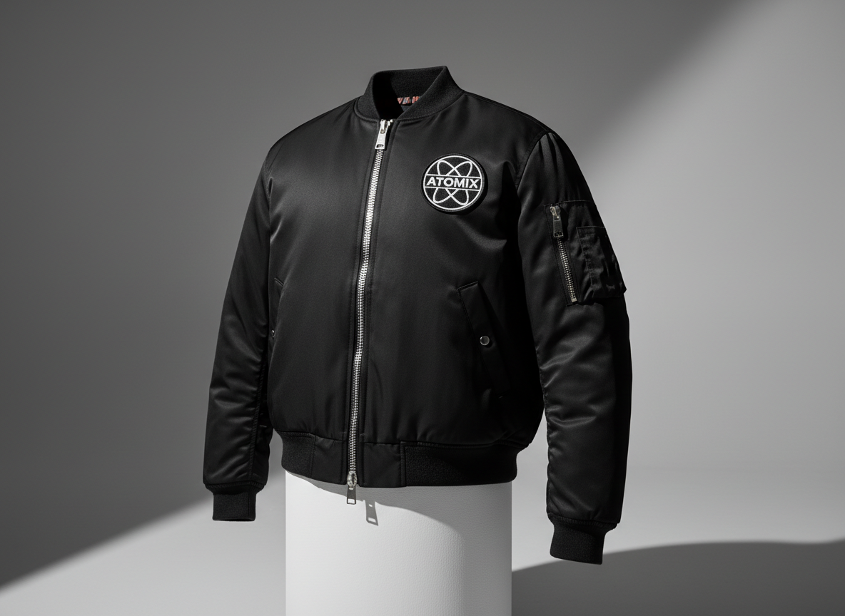 A sleek black bomber jacket made from smooth, matte technical fabric, featuring chunky silver zipper details and a bold Atomix-branded patch at the chest. The jacket is artfully draped on a minimalist matte white pedestal, situated against a seamless, light gray background with no distractions. Sharp, directional lighting from the side casts crisp shadows, emphasizing the jacket’s structure and the subtle sheen on the metal hardware. The overall effect is bold and high-impact, with a centered composition shot at eye-level for maximum presence. The photographic realism and minimalist style underscore the edgy, urban aesthetic of contemporary streetwear.