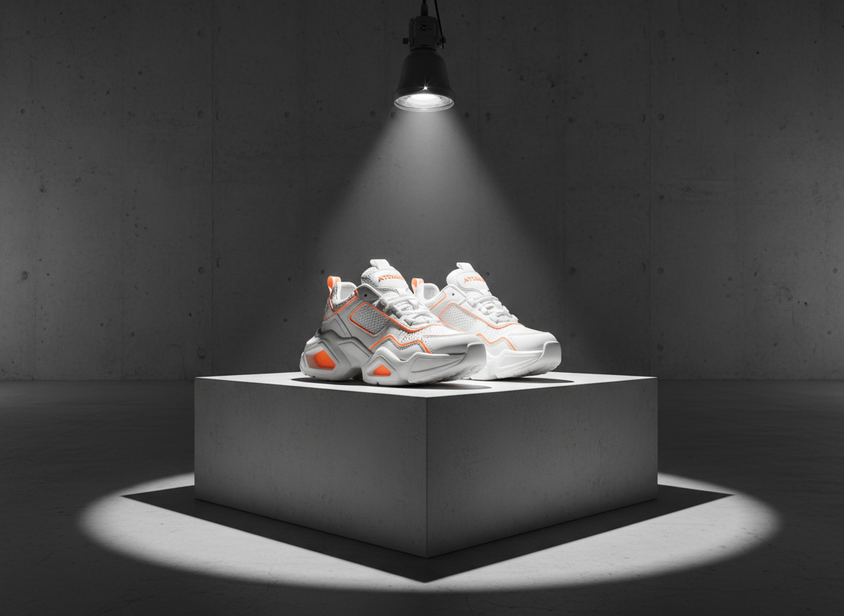 A pair of chunky, futuristic white sneakers with neon orange accents and sculpted soles, perched atop a smooth concrete block within a bare, industrial-style studio setting. The shoes' synthetic mesh and rubber textures are rendered in exquisite detail. A single focused spotlight from above creates strong highlights on the sneakers, leaving bold, graphic shadows around the pedestal to enhance their three-dimensional form. The composition uses a slightly low-angle perspective to amplify the sneakers’ dominance, with a crisp and modern vibe—reflecting Atomix clothing’s bold streetwear personality through photographic minimalism.
